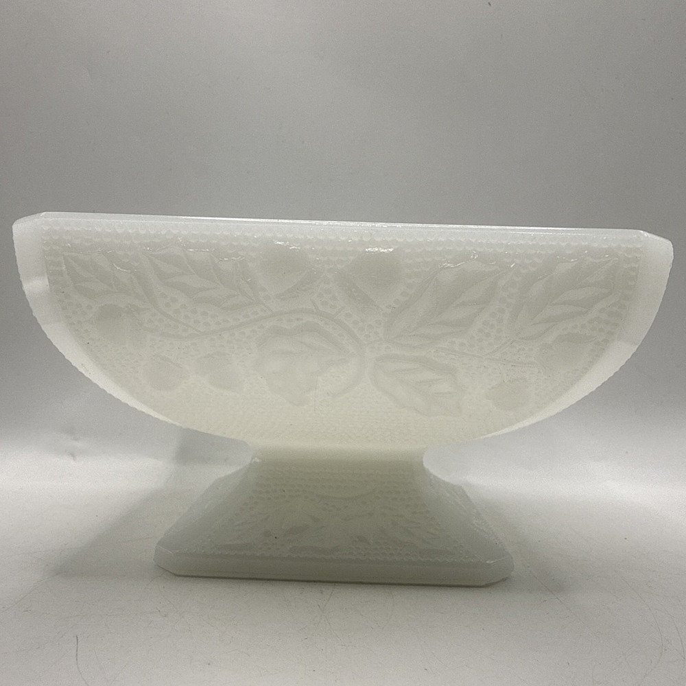 Vintage Jeanette Milk Glass Square Pedestal Candy Dish Acorn & Leaf Pattern